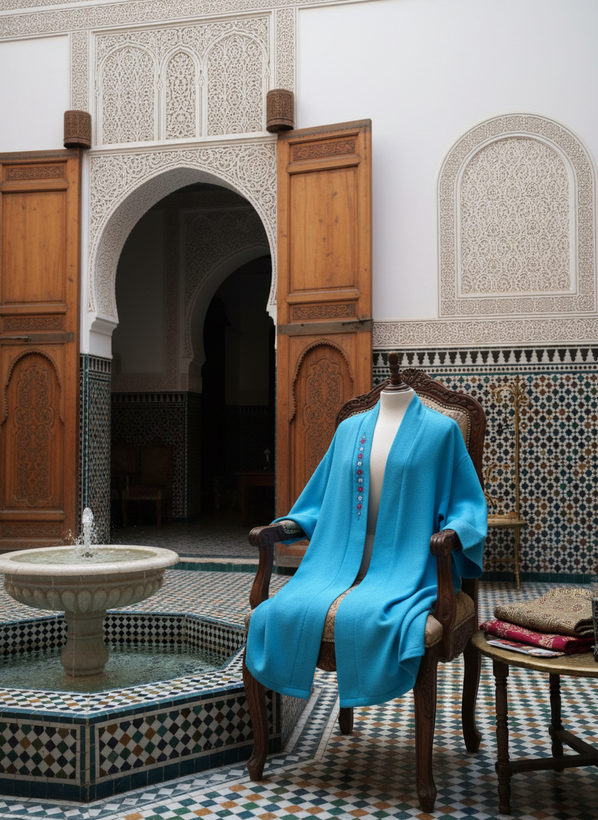 Kimono Mimouna bleu in luxurious Moroccan courtyard