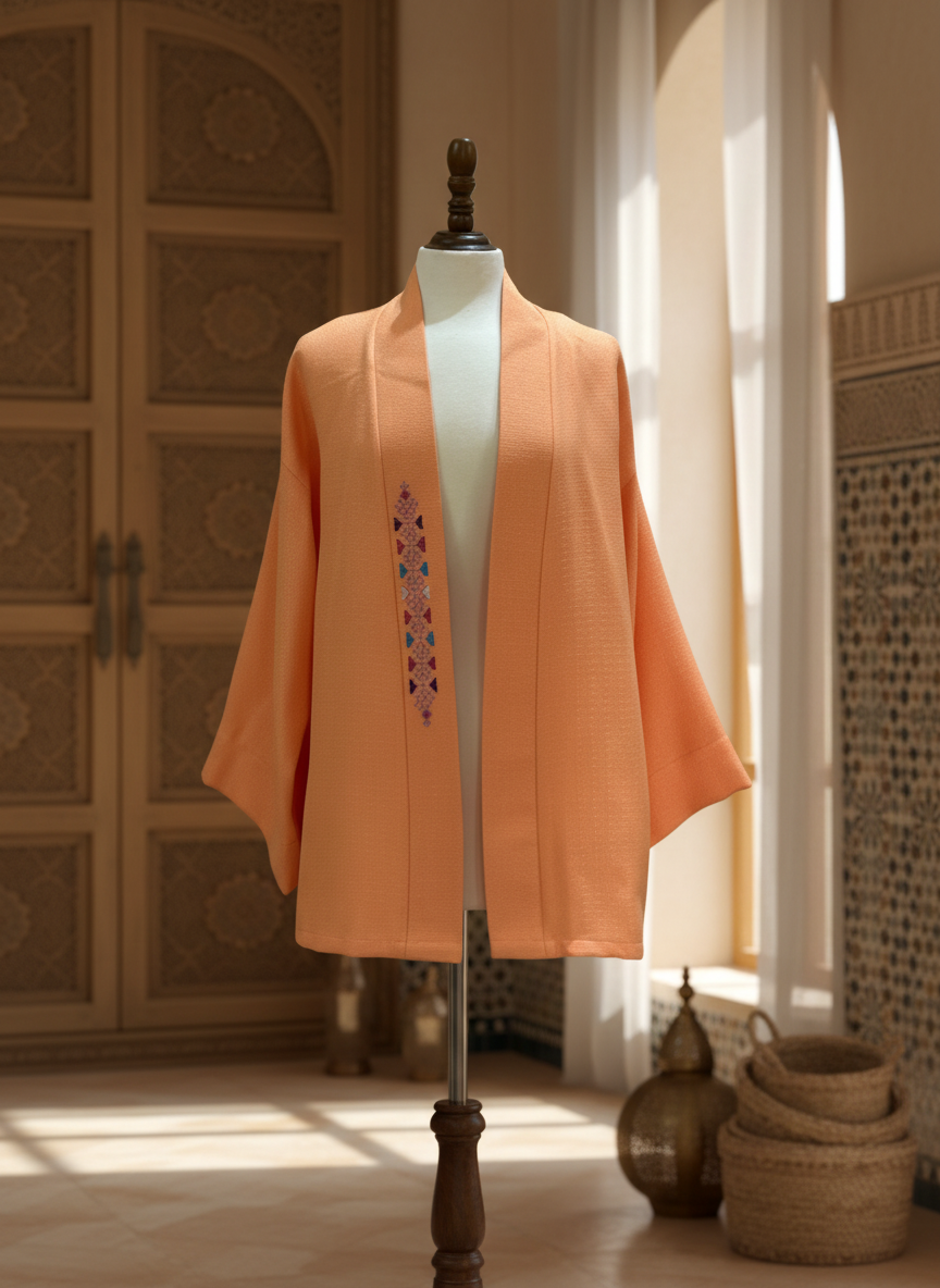 Kimono Mimouna orange in elegant Moroccan setting