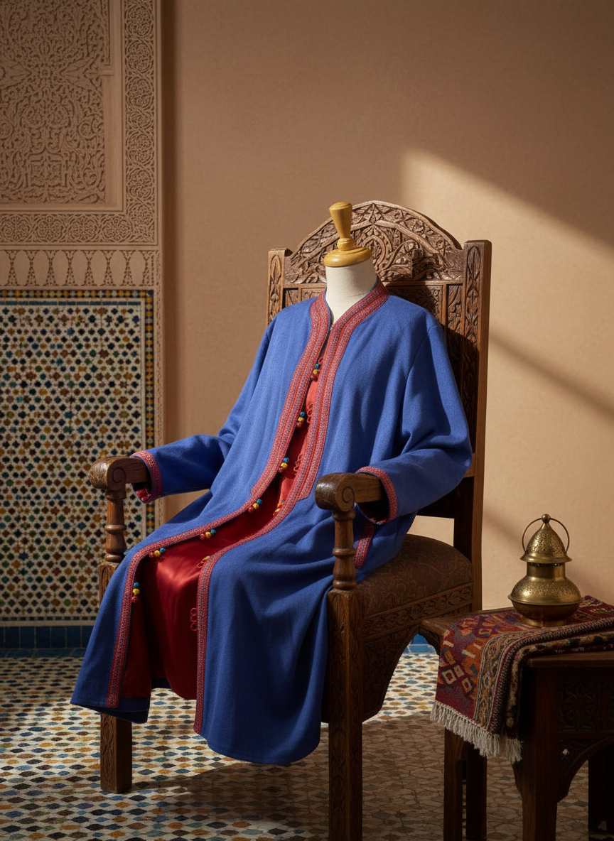 Manteau Marjana indigo in elegant Moroccan setting